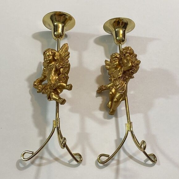 VTG,Metal And Resin Cherub Charming Gold Angel Taper Candle Holder Wall Hooks - Picture 5 of 9